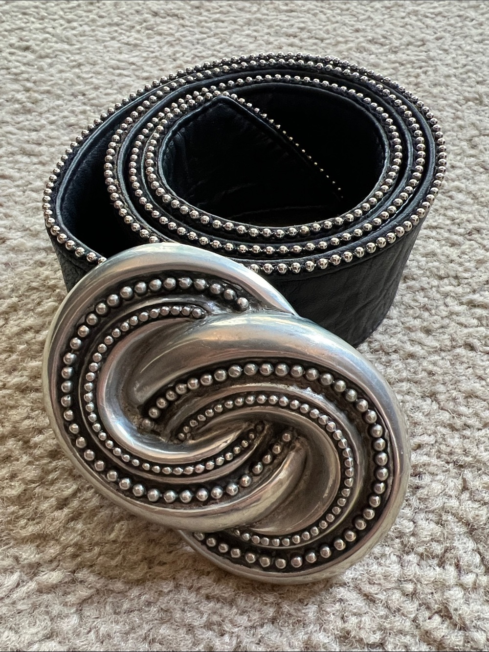 Black Textured Leather Belt with Ornate Silver Knot Buckle Emo Goth Punk Rock